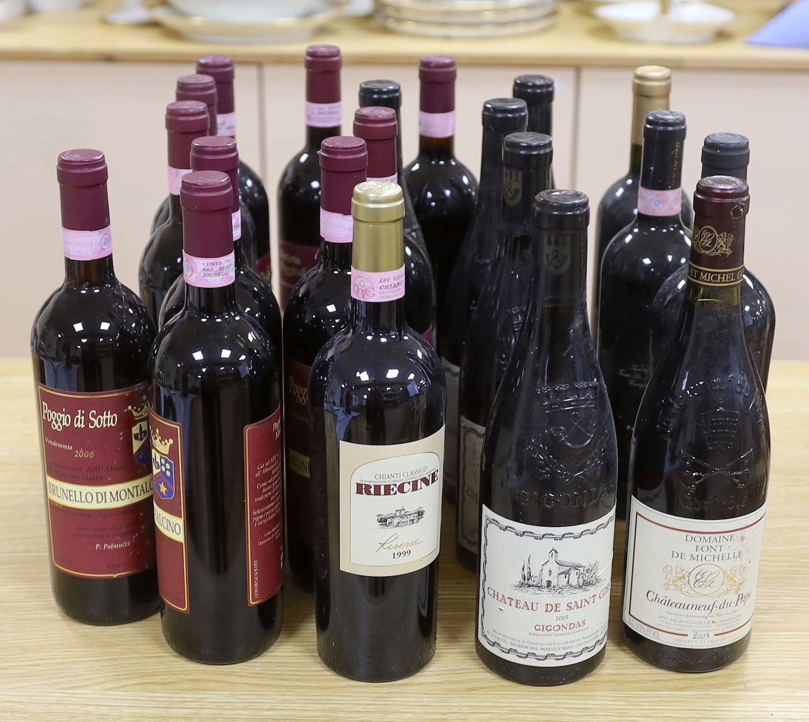 Twenty bottles of red wine including; Chateauneuf-du-Pape 2005, Chateau de Saint Cosme 2005, Chianti 1999, etc.